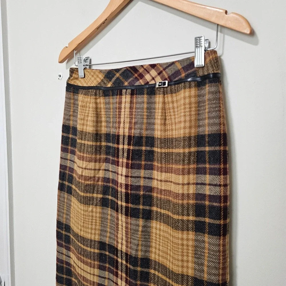 Vintage Brown Plaid Pencil Skirt 4P Wool Blend Midi Belted Heritage Academia